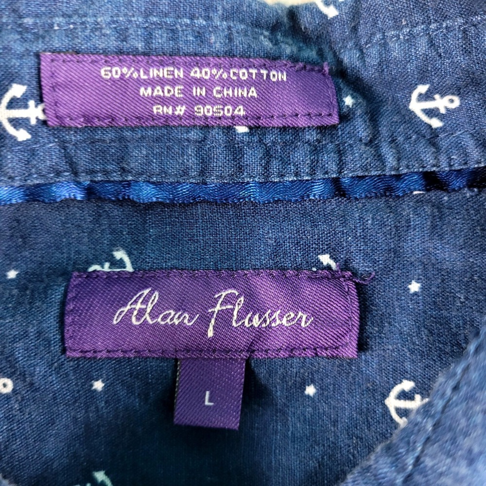 Alan Flusser Shirt Men's Large Blue Linen Blend Anchor Nautical Print Button L/S - Picture 2 of 10